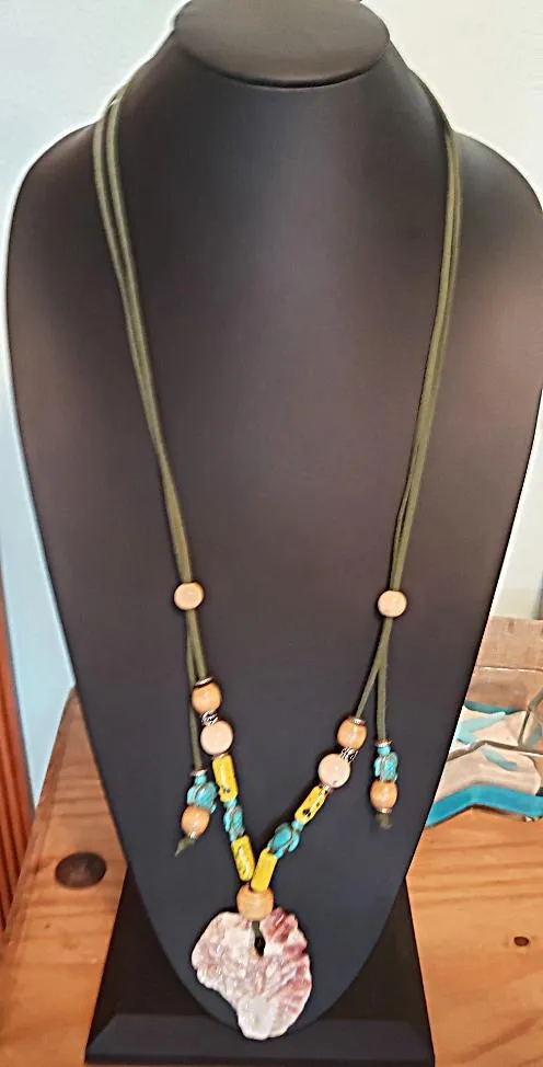 Handmade Long Green Faux Boho Style Necklace with Oyster Shell, Turquoise Howlite Turtle & Starfish Charm