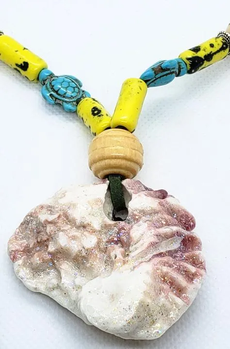 Handmade Long Green Faux Boho Style Necklace with Oyster Shell, Turquoise Howlite Turtle & Starfish Charm