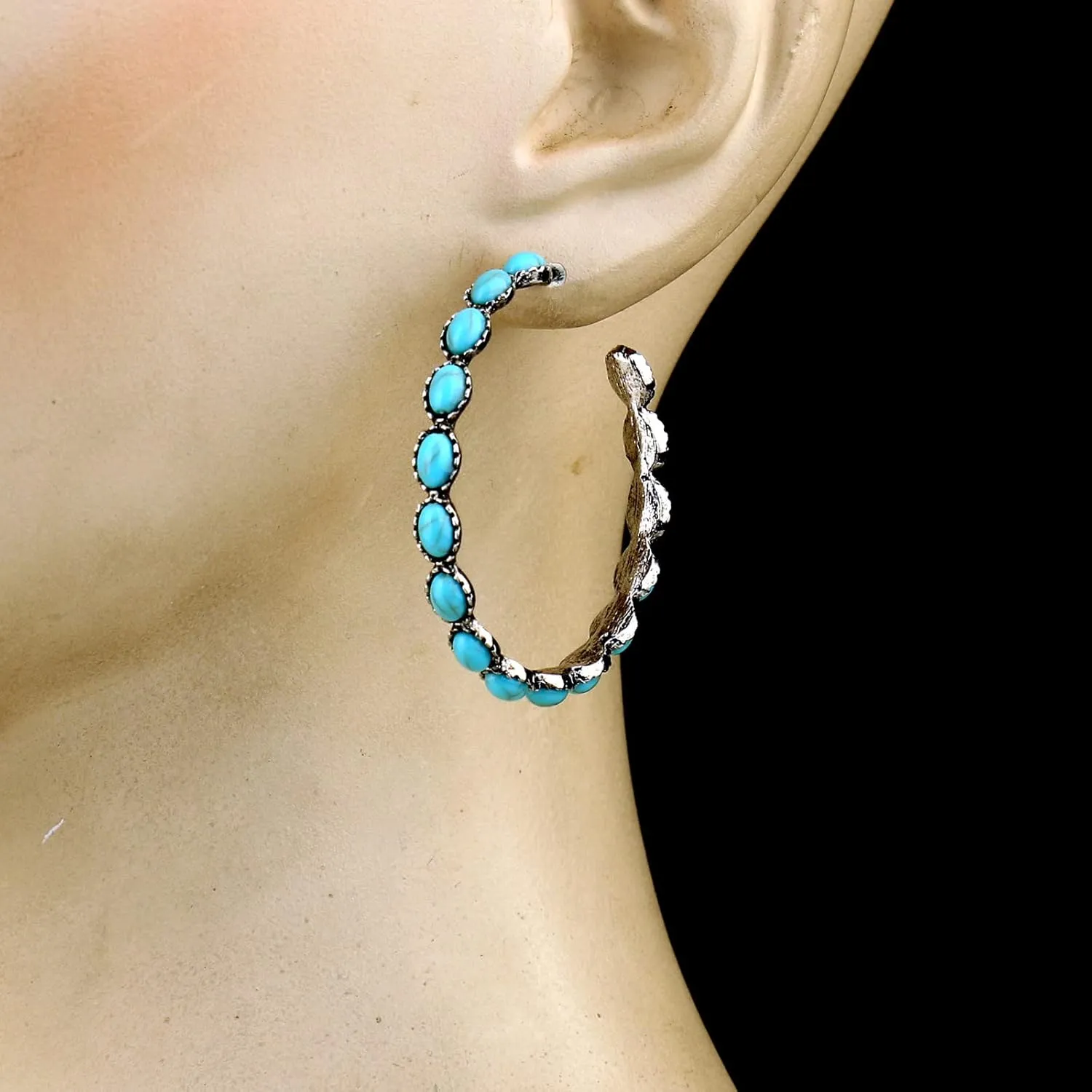 Handmade Turquoise Hoop Earrings Silver Plated Boho Vintage Beaded Jewelry for Women