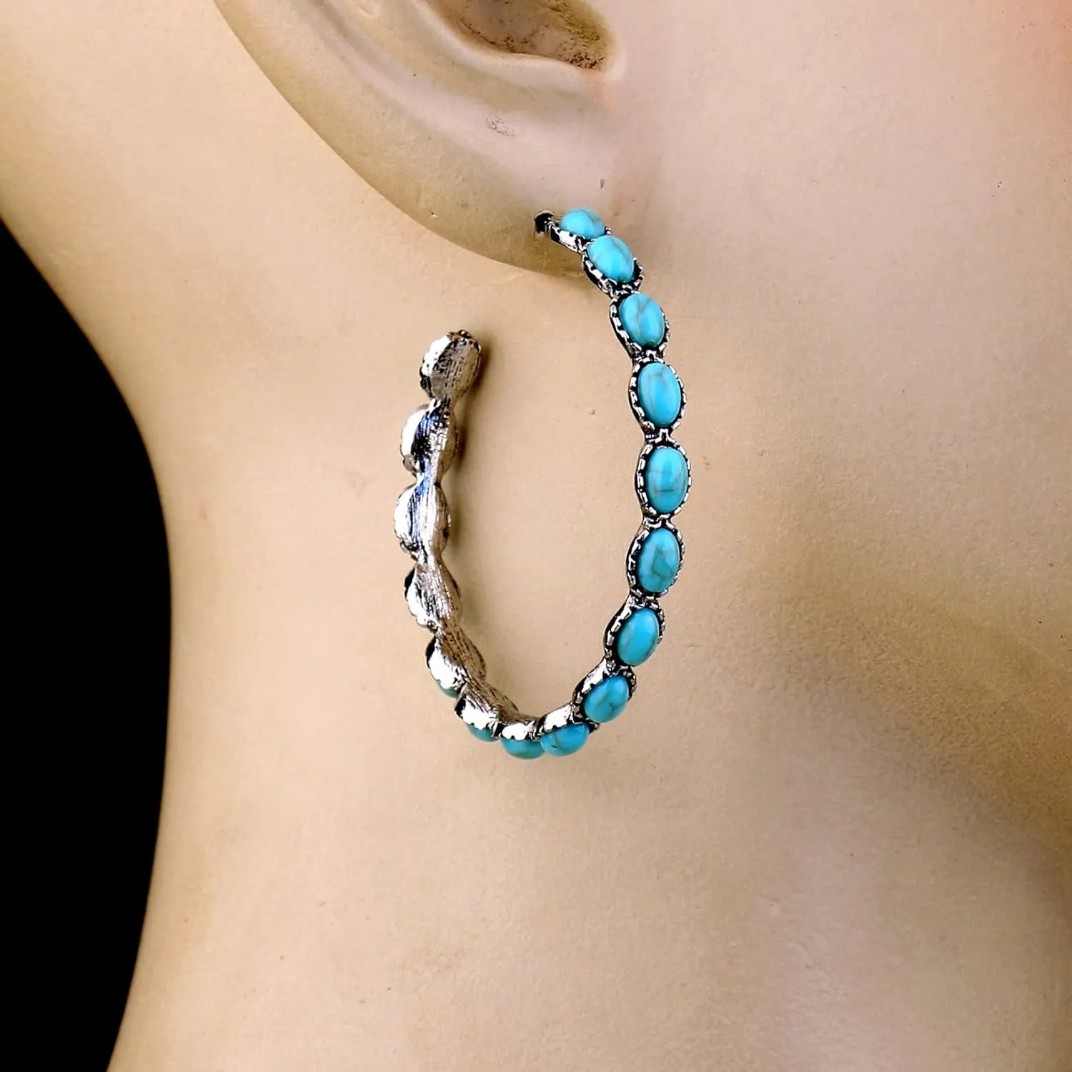 Handmade Turquoise Hoop Earrings Silver Plated Boho Vintage Beaded Jewelry for Women