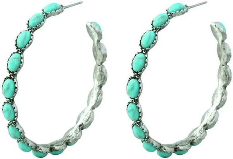 Handmade Turquoise Hoop Earrings Silver Plated Boho Vintage Beaded Jewelry for Women