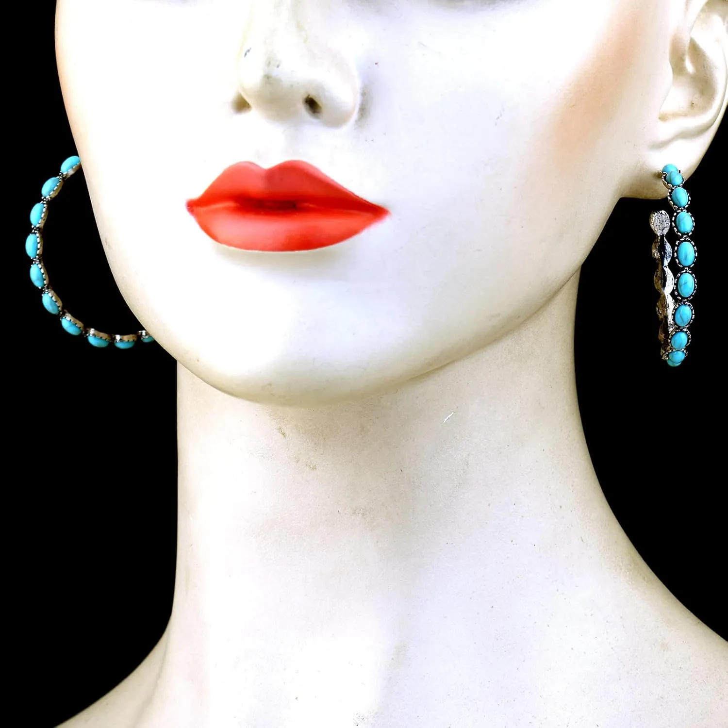 Handmade Turquoise Hoop Earrings Silver Plated Boho Vintage Beaded Jewelry for Women