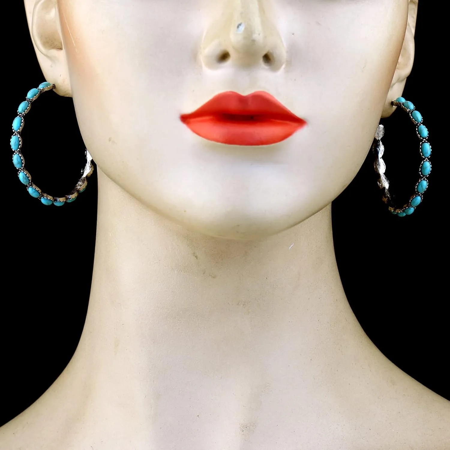Handmade Turquoise Hoop Earrings Silver Plated Boho Vintage Beaded Jewelry for Women
