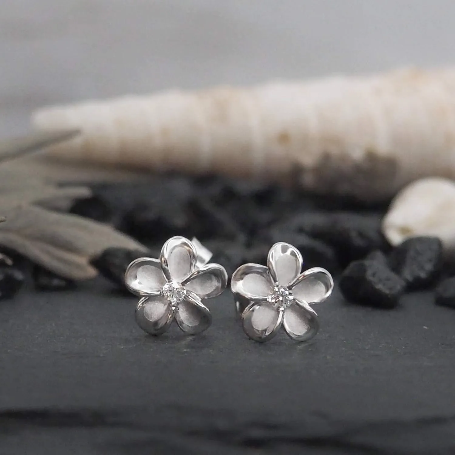 Hawaiian Silver Jewelry Plumeria Womens Stud Earrings  Hawaiian Flower Stud Earrings for Women  Sterling Silver Flower Earrings with CZ Stone  Sterling Silver Plumeria Earrings 7mm