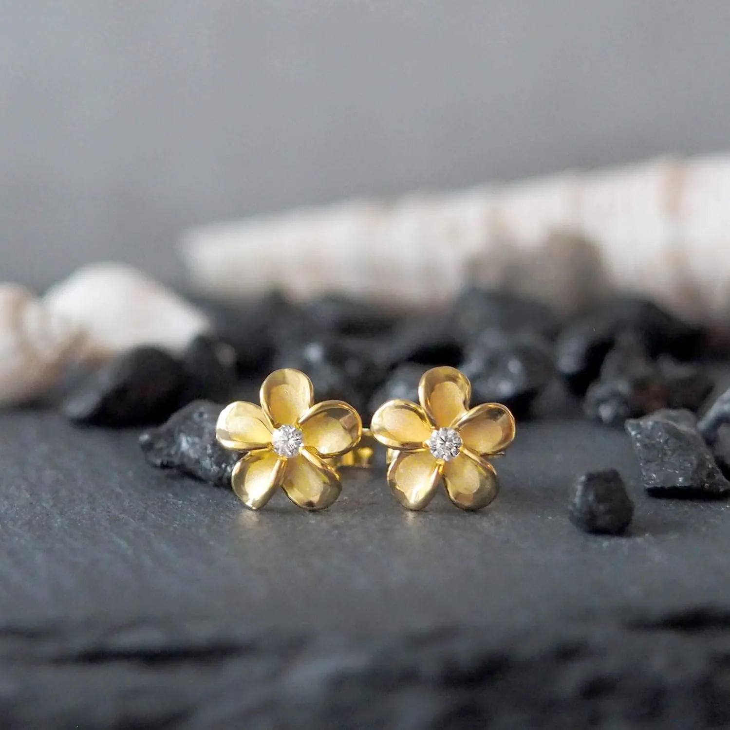 Hawaiian Silver Jewelry Plumeria Womens Stud Earrings  Hawaiian Flower Stud Earrings for Women  Sterling Silver Flower Earrings with CZ Stone  Sterling Silver Plumeria Earrings 7mm