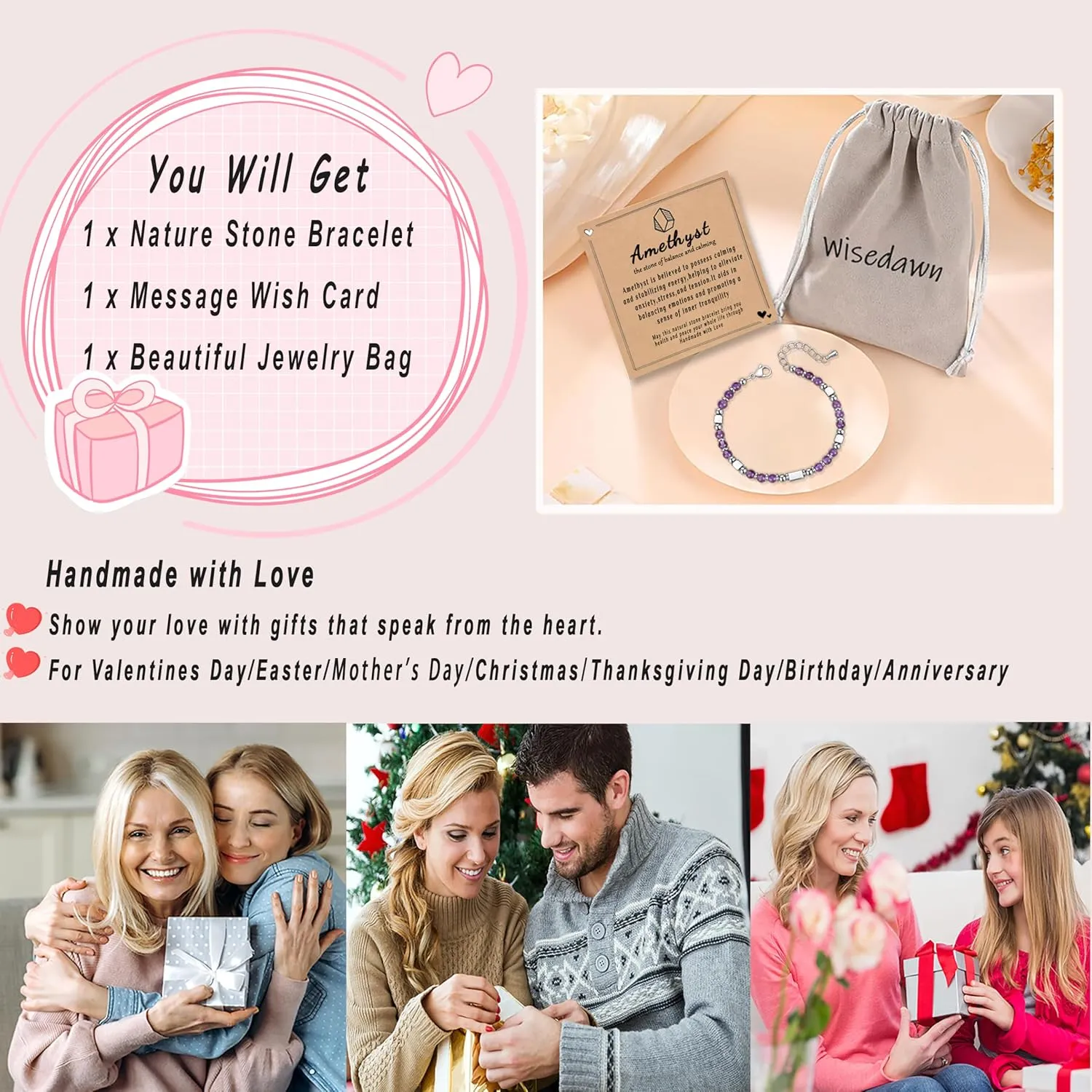 Healing Natural Stone Bracelets for Women, Unique Gift Ideas with Inspirational Card for Birthday Mother Day Graduation