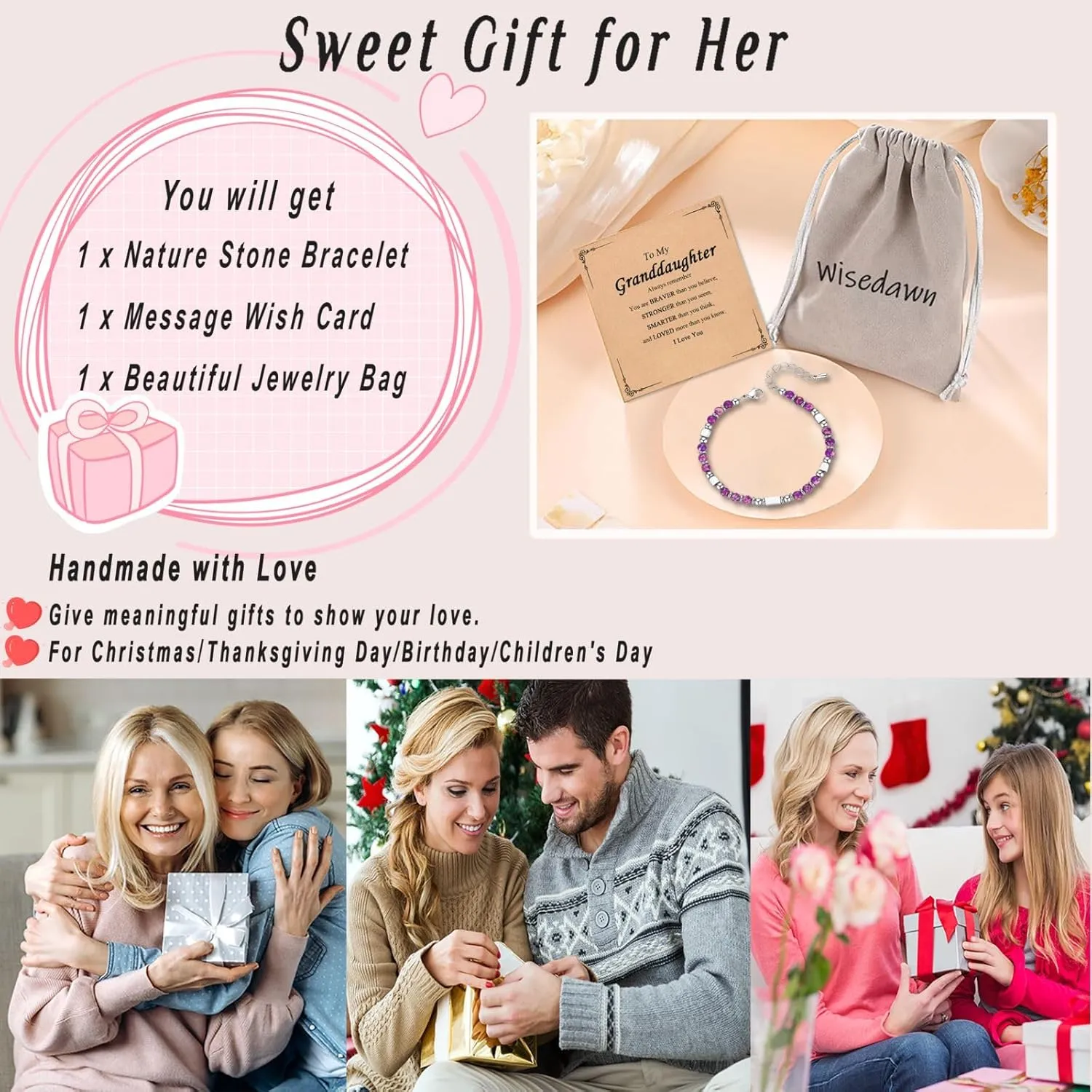 Healing Natural Stone Bracelets for Women, Unique Gift Ideas with Inspirational Card for Birthday Mother Day Graduation