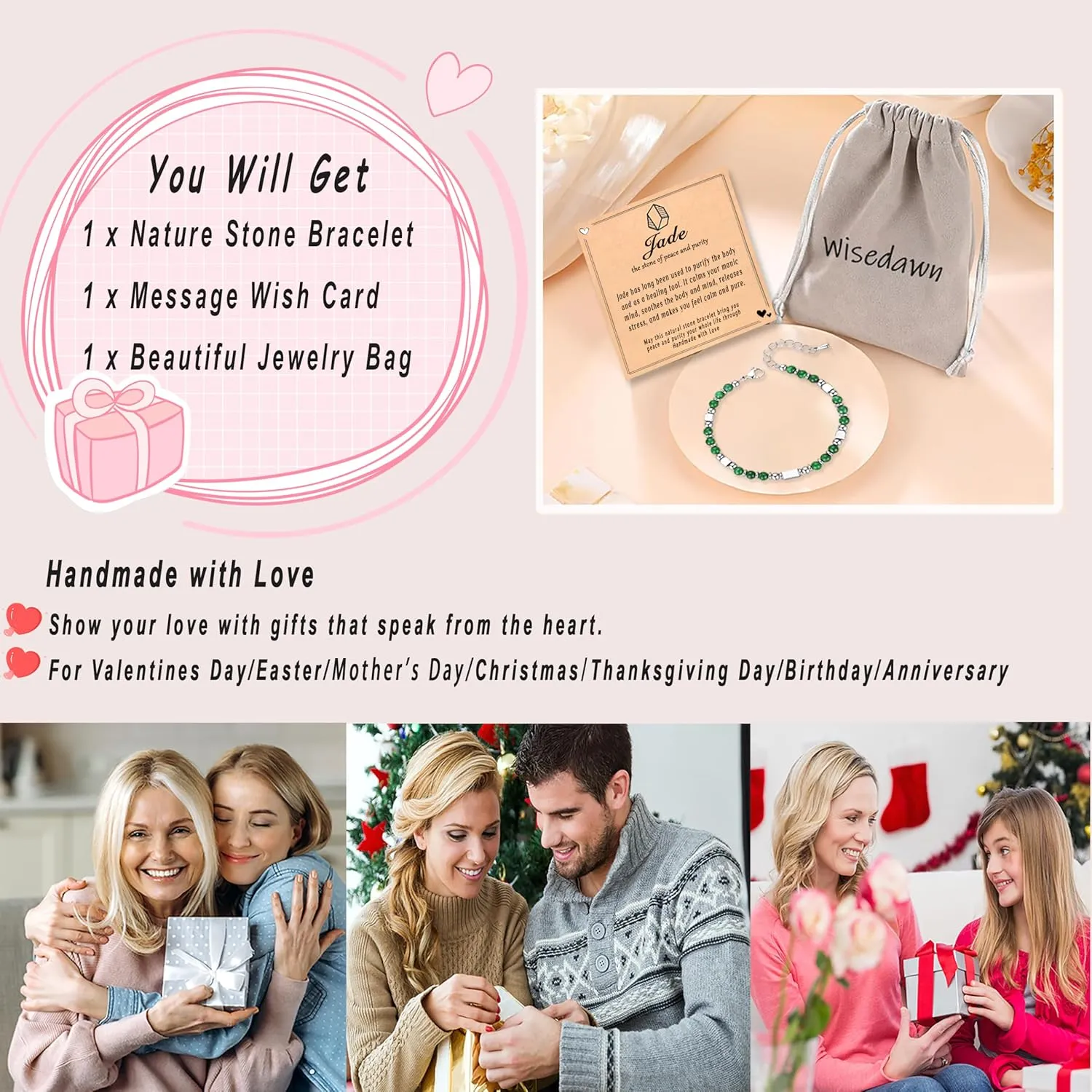 Healing Natural Stone Bracelets for Women, Unique Gift Ideas with Inspirational Card for Birthday Mother Day Graduation