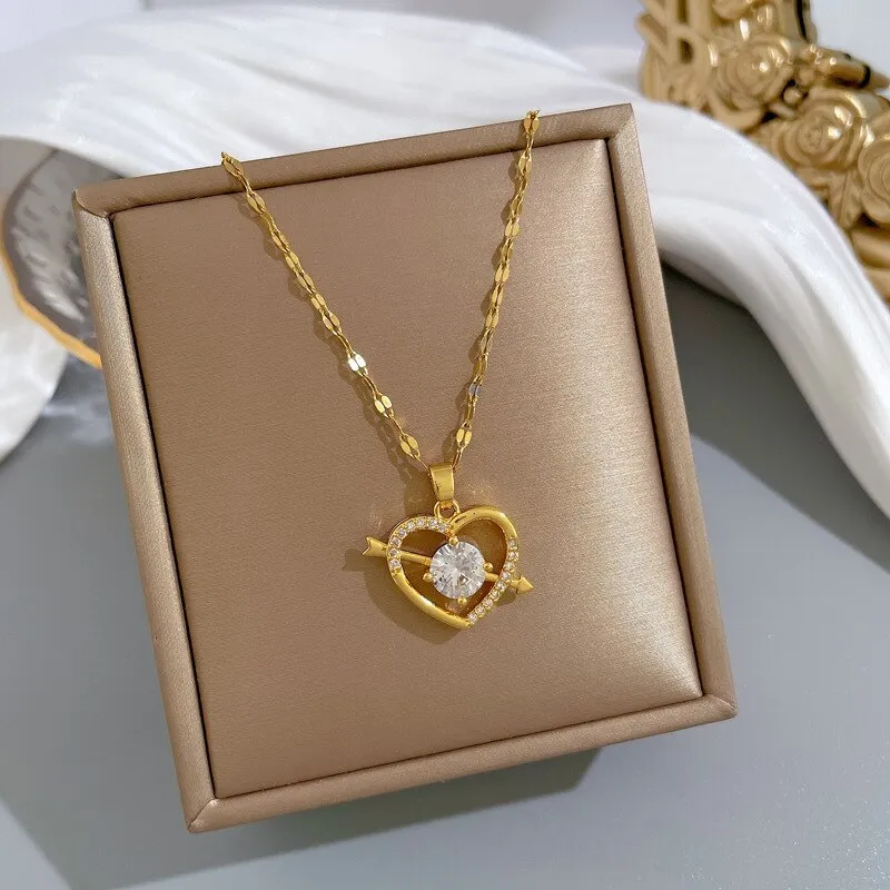 Heart Necklace For Women Crystal Arrow Through The Heart Pendant Necklaces