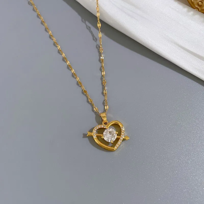Heart Necklace For Women Crystal Arrow Through The Heart Pendant Necklaces
