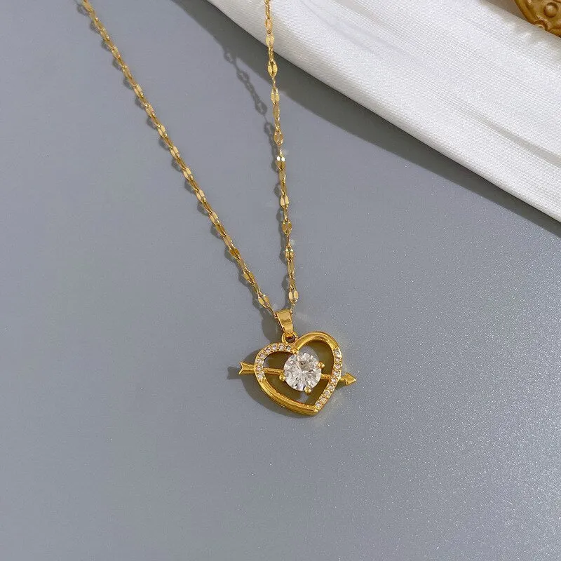 Heart Necklace For Women Crystal Arrow Through The Heart Pendant Necklaces