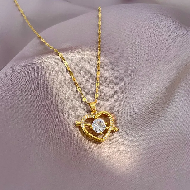 Heart Necklace For Women Crystal Arrow Through The Heart Pendant Necklaces