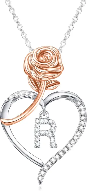 Heart Necklace for Women Teen Girl Gifts Rose A-Z Initial Necklaces To My Daughter Granddaughter Necklace Christmas Mothers Day Anniversary Birthday Gift Jewelry for Sister Mom Wife