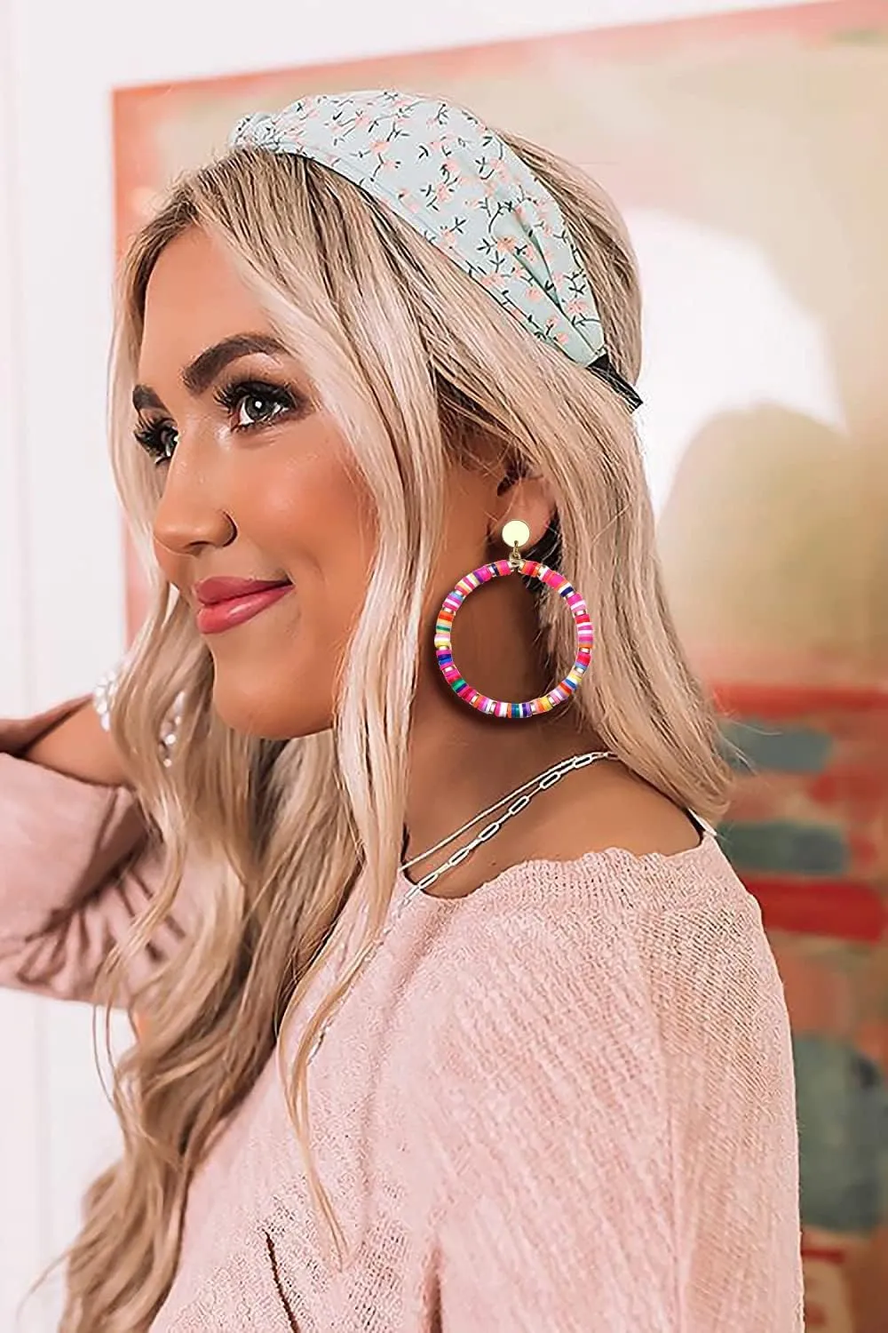Heishi Drop Earrings for Women Rainbow Vinyl Disc Bead Dangle Earrings Lightweight Teardrop Earrings Studs Summer Beach Jewelry