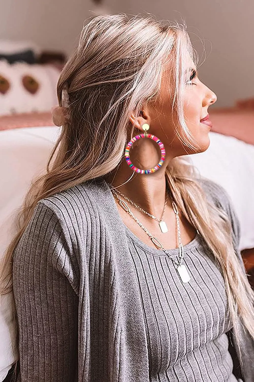 Heishi Drop Earrings for Women Rainbow Vinyl Disc Bead Dangle Earrings Lightweight Teardrop Earrings Studs Summer Beach Jewelry