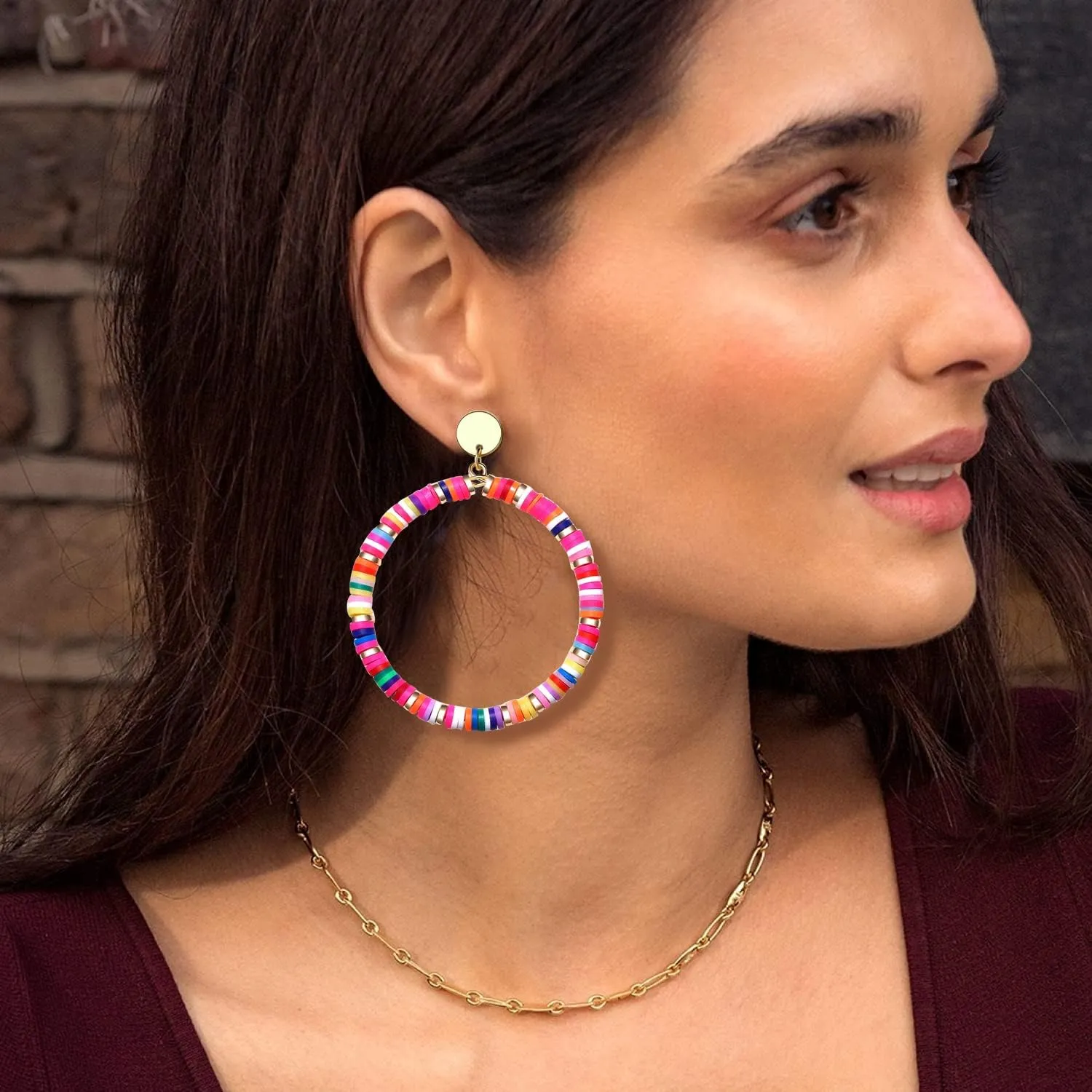 Heishi Drop Earrings for Women Rainbow Vinyl Disc Bead Dangle Earrings Lightweight Teardrop Earrings Studs Summer Beach Jewelry