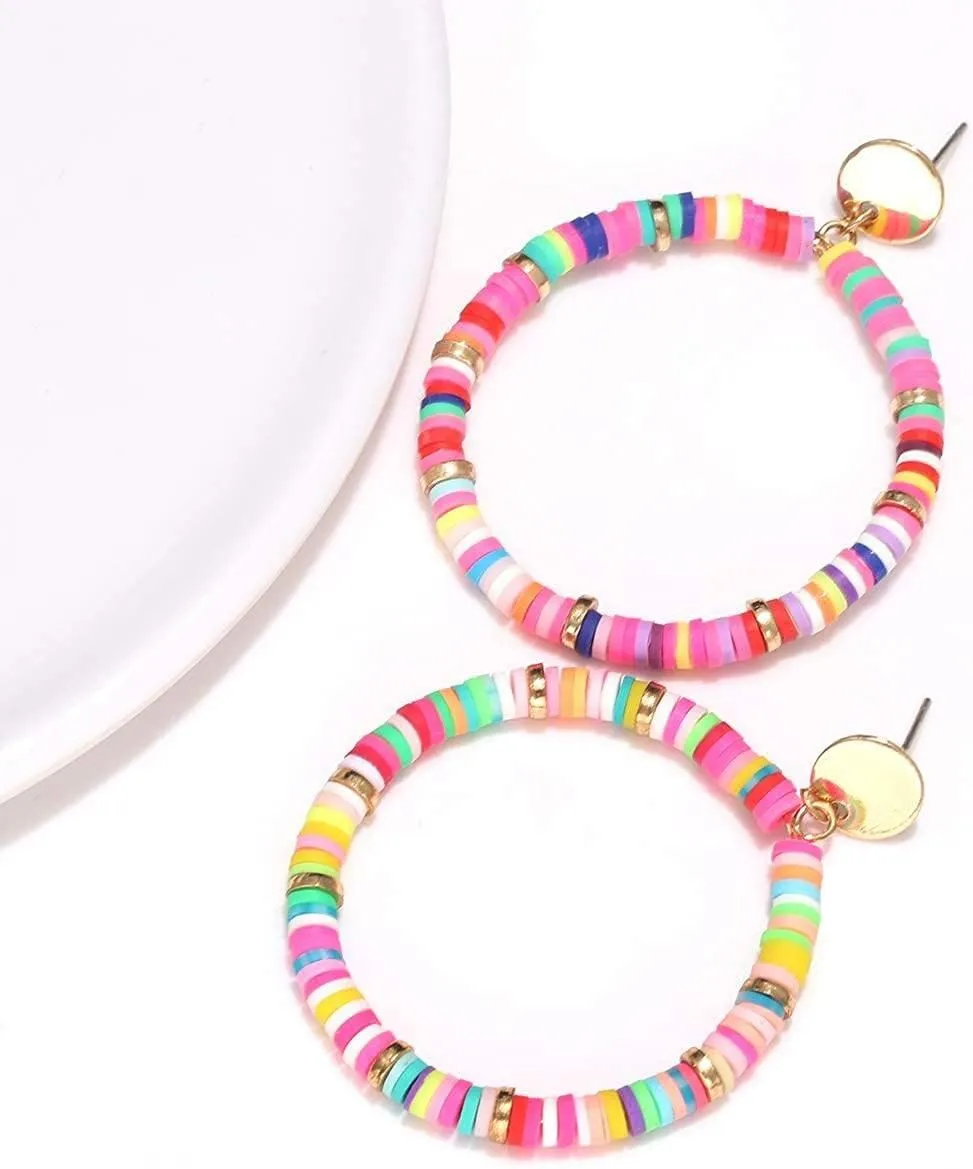 Heishi Drop Earrings for Women Rainbow Vinyl Disc Bead Dangle Earrings Lightweight Teardrop Earrings Studs Summer Beach Jewelry