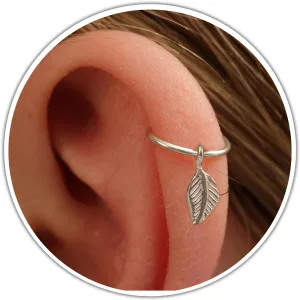 Helix Ring With Leaf Charm - 925 Silver Dangly Cartilage Earring With Leaf Pendant - Handmade ear jewelry