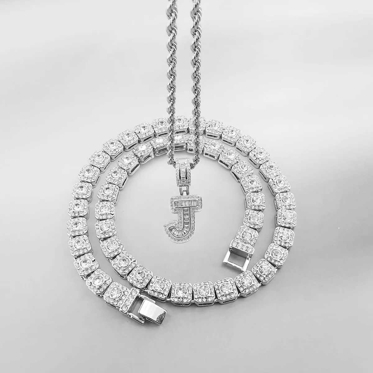 HH BLING EMPIRE Silver Iced Out Cubic Zirconia Diamond Initial Letter Pendant Chain Necklaces, A Pendant Rope and Baguette Tennis Chains | 2 Pcs Necklace Sets