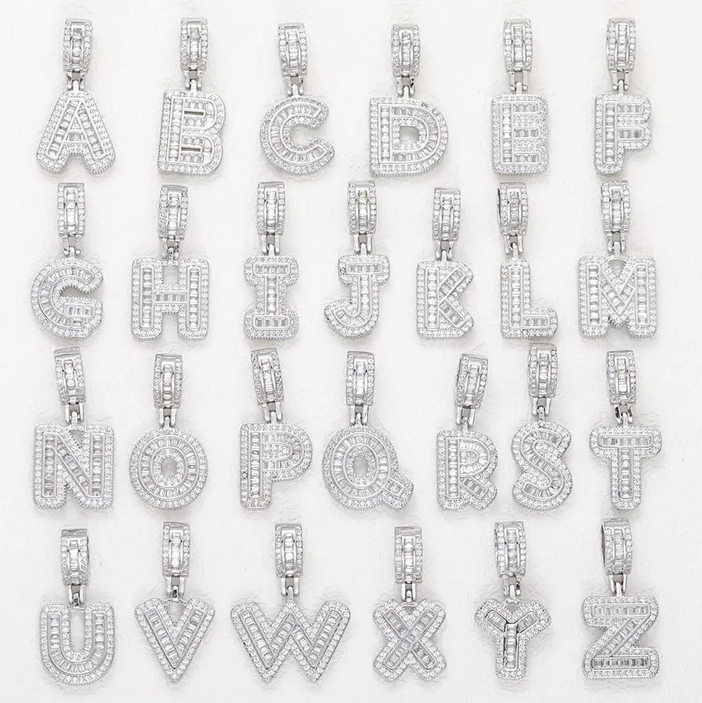 HH BLING EMPIRE Silver Iced Out Cubic Zirconia Diamond Initial Letter Pendant Chain Necklaces, A Pendant Rope and Baguette Tennis Chains | 2 Pcs Necklace Sets