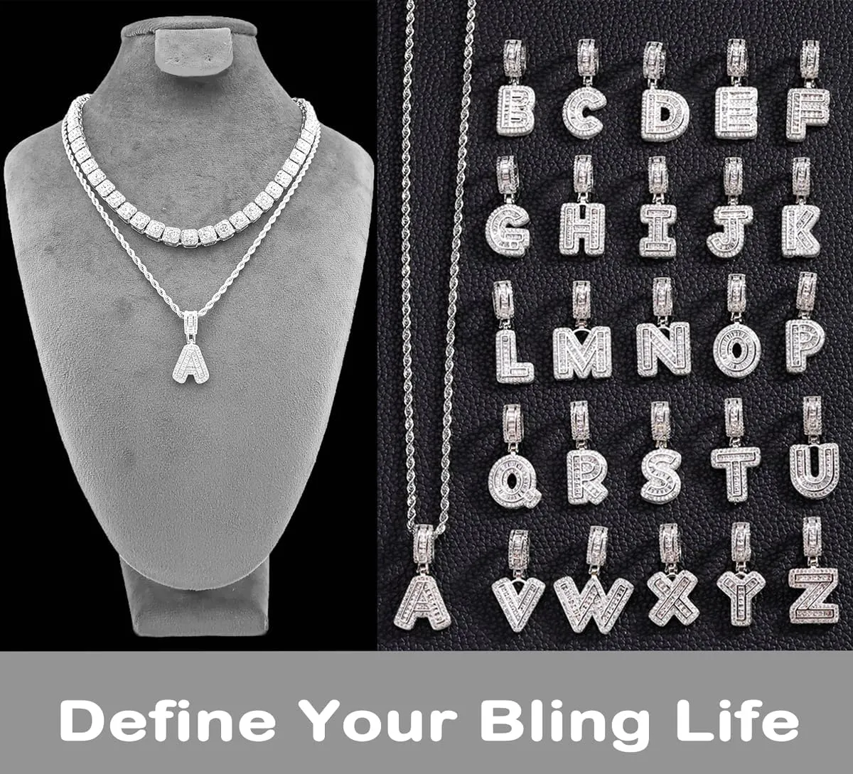 HH BLING EMPIRE Silver Iced Out Cubic Zirconia Diamond Initial Letter Pendant Chain Necklaces, A Pendant Rope and Baguette Tennis Chains | 2 Pcs Necklace Sets