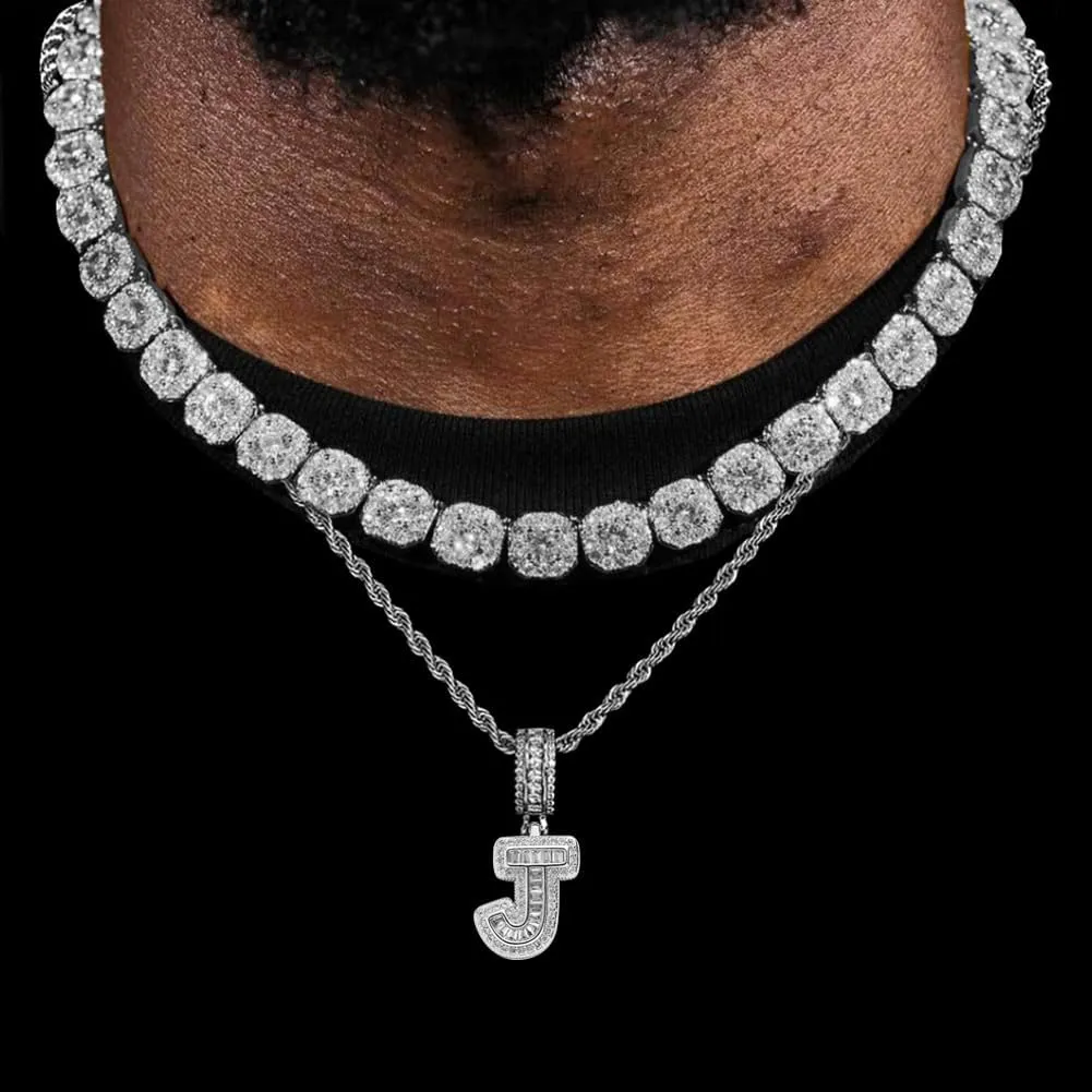 HH BLING EMPIRE Silver Iced Out Cubic Zirconia Diamond Initial Letter Pendant Chain Necklaces, A Pendant Rope and Baguette Tennis Chains | 2 Pcs Necklace Sets