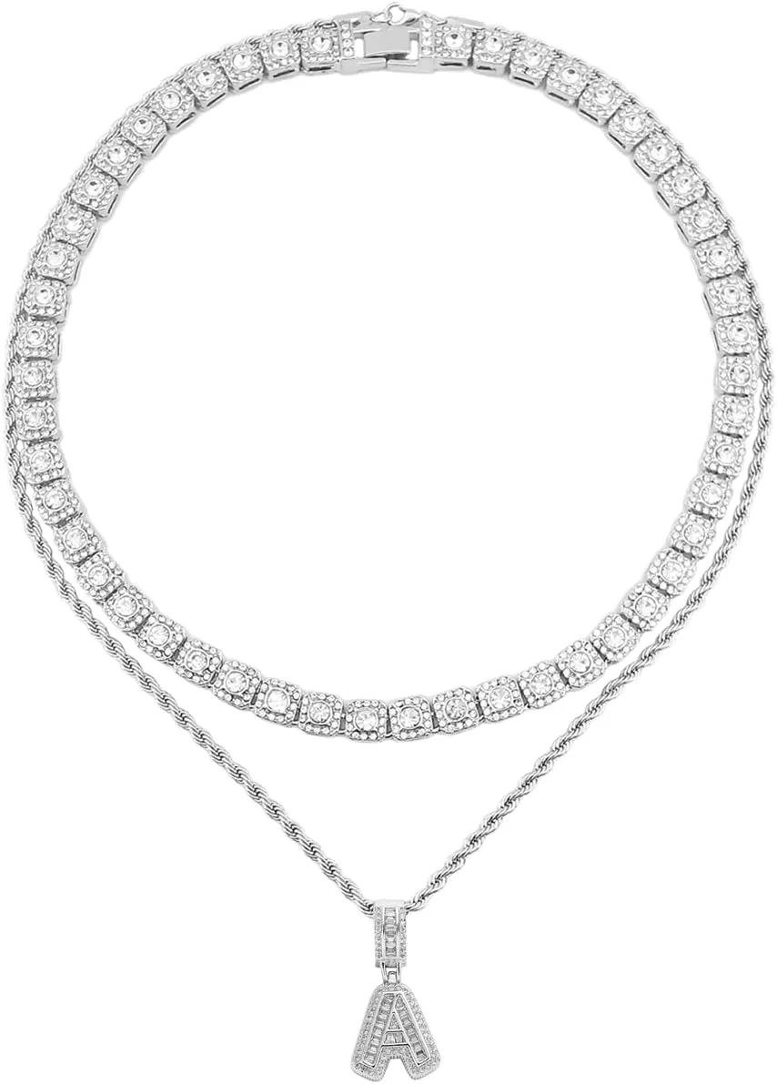 HH BLING EMPIRE Silver Iced Out Cubic Zirconia Diamond Initial Letter Pendant Chain Necklaces, A Pendant Rope and Baguette Tennis Chains | 2 Pcs Necklace Sets