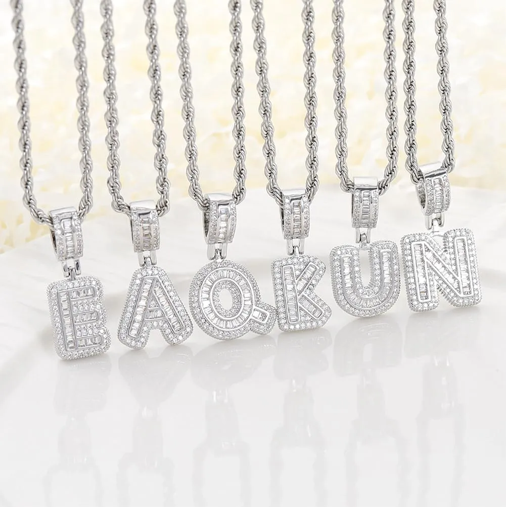 HH BLING EMPIRE Silver Iced Out Cubic Zirconia Diamond Initial Letter Pendant Chain Necklaces, A Pendant Rope and Baguette Tennis Chains | 2 Pcs Necklace Sets