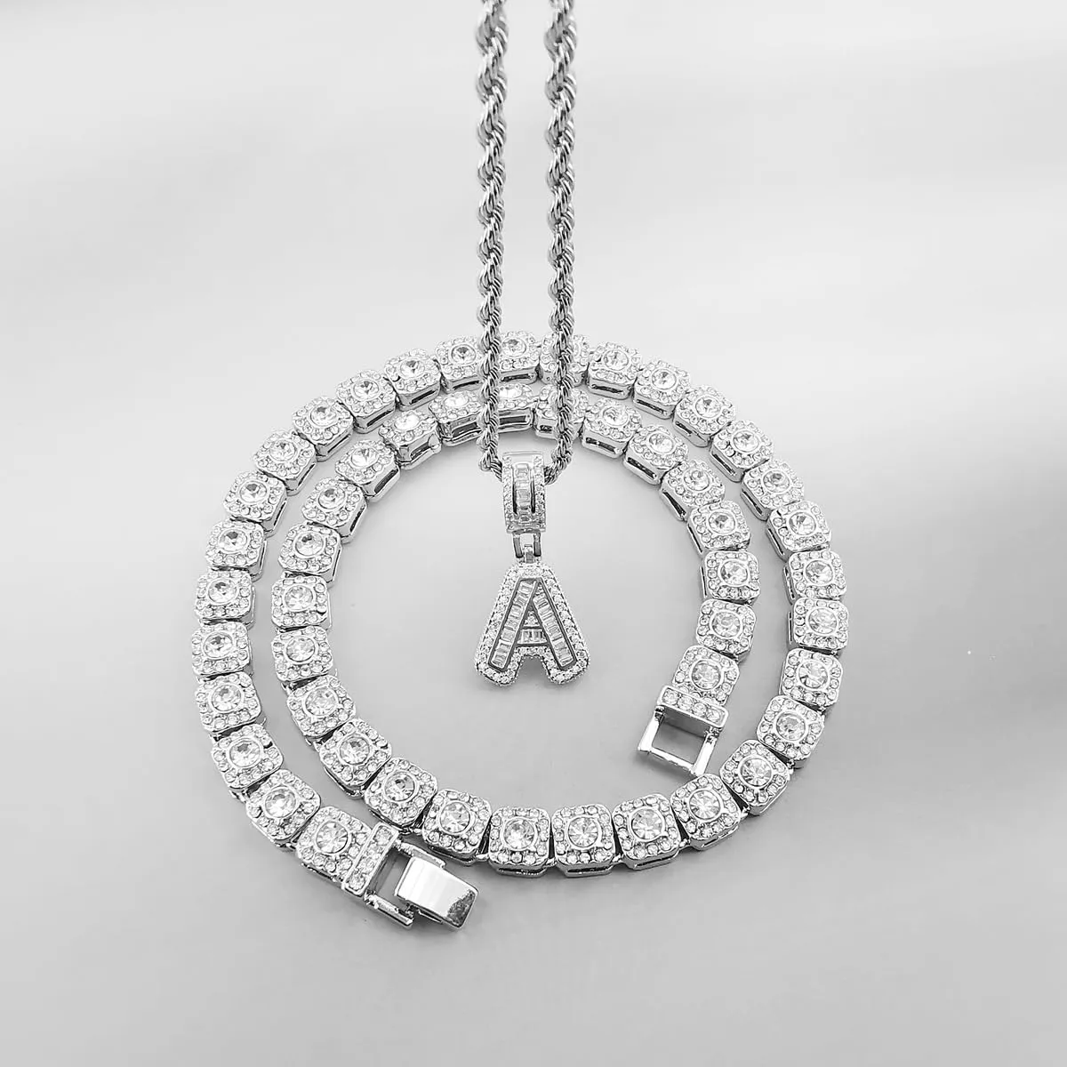 HH BLING EMPIRE Silver Iced Out Cubic Zirconia Diamond Initial Letter Pendant Chain Necklaces, A Pendant Rope and Baguette Tennis Chains | 2 Pcs Necklace Sets