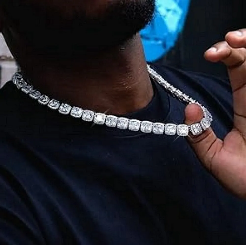 HH BLING EMPIRE Silver Iced Out Cubic Zirconia Diamond Initial Letter Pendant Chain Necklaces, A Pendant Rope and Baguette Tennis Chains | 2 Pcs Necklace Sets