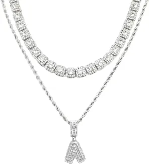 HH BLING EMPIRE Silver Iced Out Cubic Zirconia Diamond Initial Letter Pendant Chain Necklaces, A Pendant Rope and Baguette Tennis Chains | 2 Pcs Necklace Sets