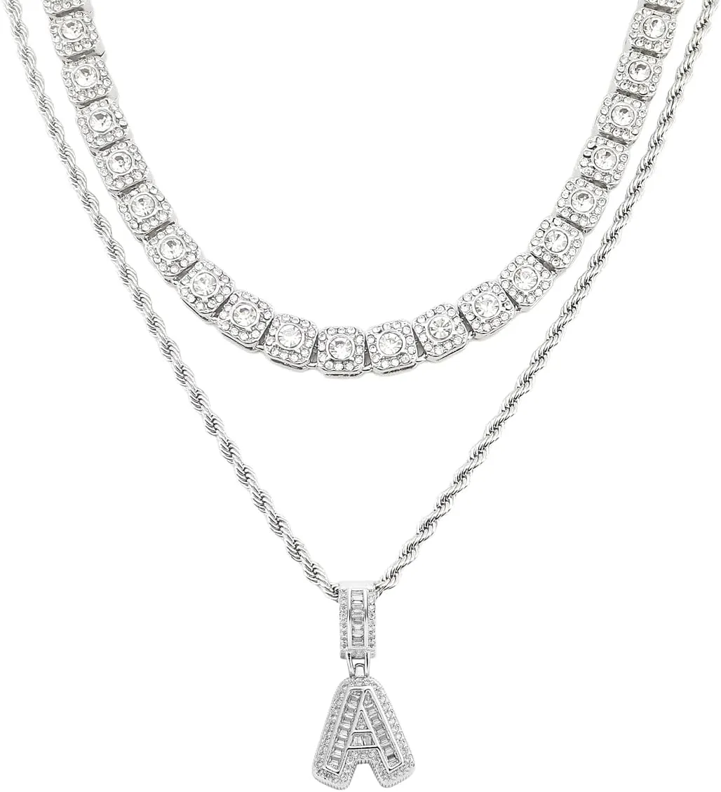 HH BLING EMPIRE Silver Iced Out Cubic Zirconia Diamond Initial Letter Pendant Chain Necklaces, A Pendant Rope and Baguette Tennis Chains | 2 Pcs Necklace Sets