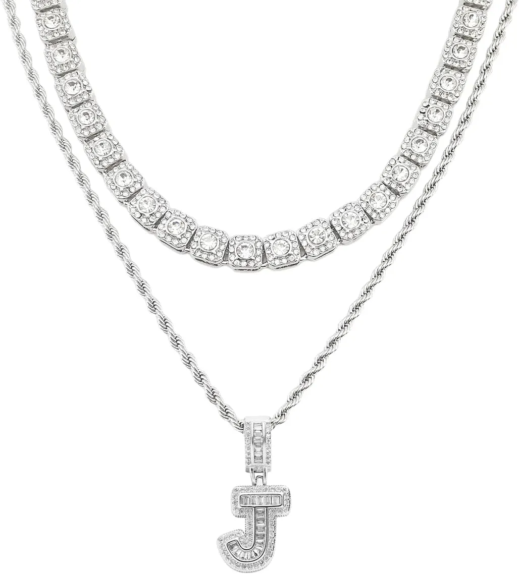 HH BLING EMPIRE Silver Iced Out Cubic Zirconia Diamond Initial Letter Pendant Chain Necklaces, A Pendant Rope and Baguette Tennis Chains | 2 Pcs Necklace Sets
