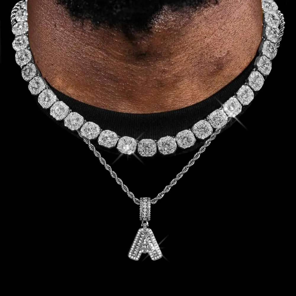 HH BLING EMPIRE Silver Iced Out Cubic Zirconia Diamond Initial Letter Pendant Chain Necklaces, A Pendant Rope and Baguette Tennis Chains | 2 Pcs Necklace Sets