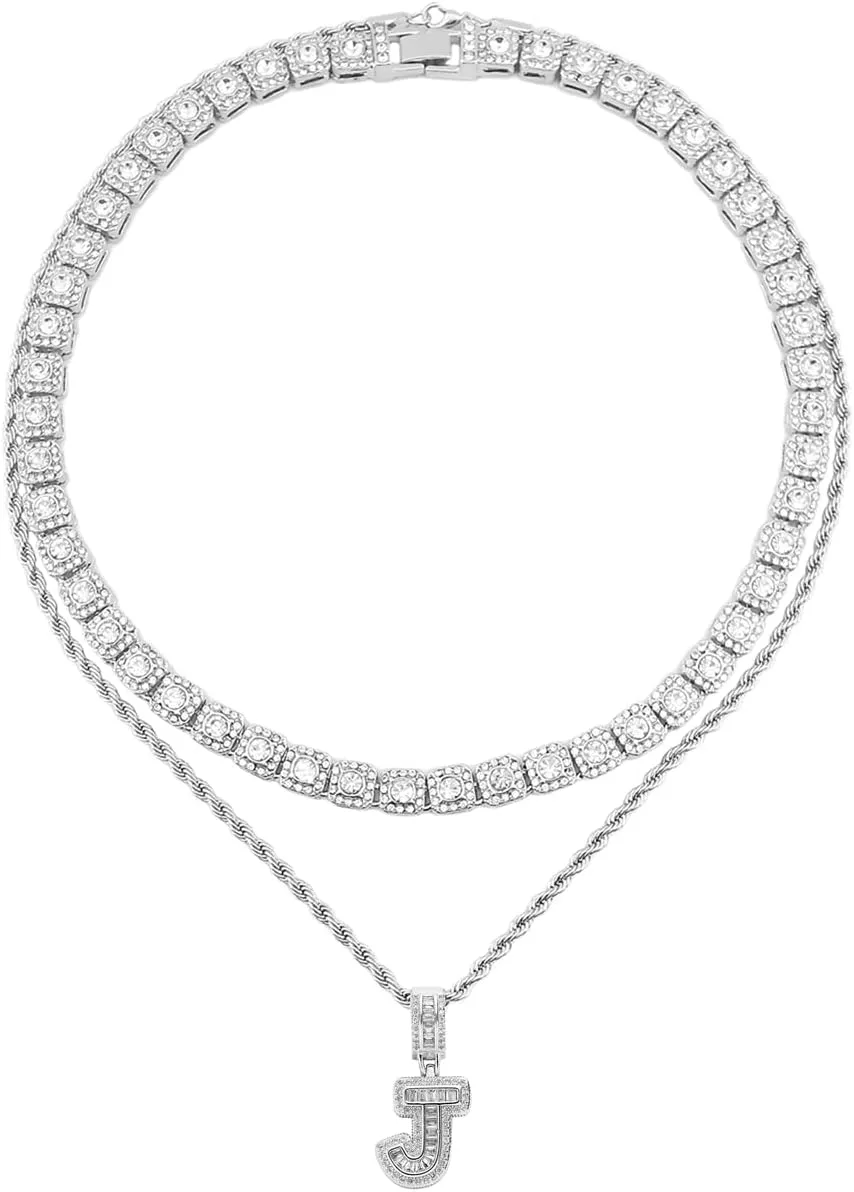 HH BLING EMPIRE Silver Iced Out Cubic Zirconia Diamond Initial Letter Pendant Chain Necklaces, A Pendant Rope and Baguette Tennis Chains | 2 Pcs Necklace Sets