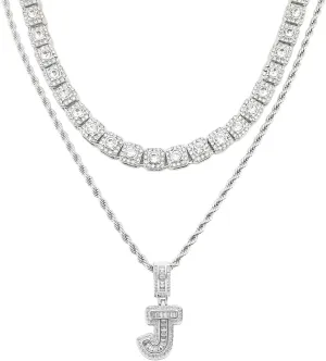 HH BLING EMPIRE Silver Iced Out Cubic Zirconia Diamond Initial Letter Pendant Chain Necklaces, A Pendant Rope and Baguette Tennis Chains | 2 Pcs Necklace Sets