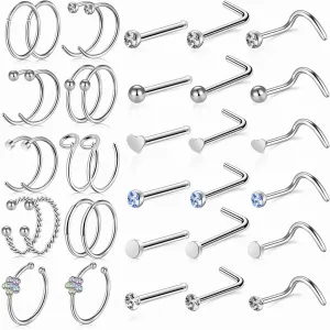 Hicdaw 60 Pcs Nose Rings for Women Nose Rings Hoops 20G Nose Piercings Jewelry for Women Men Screw Hypoallergenic Surgical Steel Nose Ring Studs