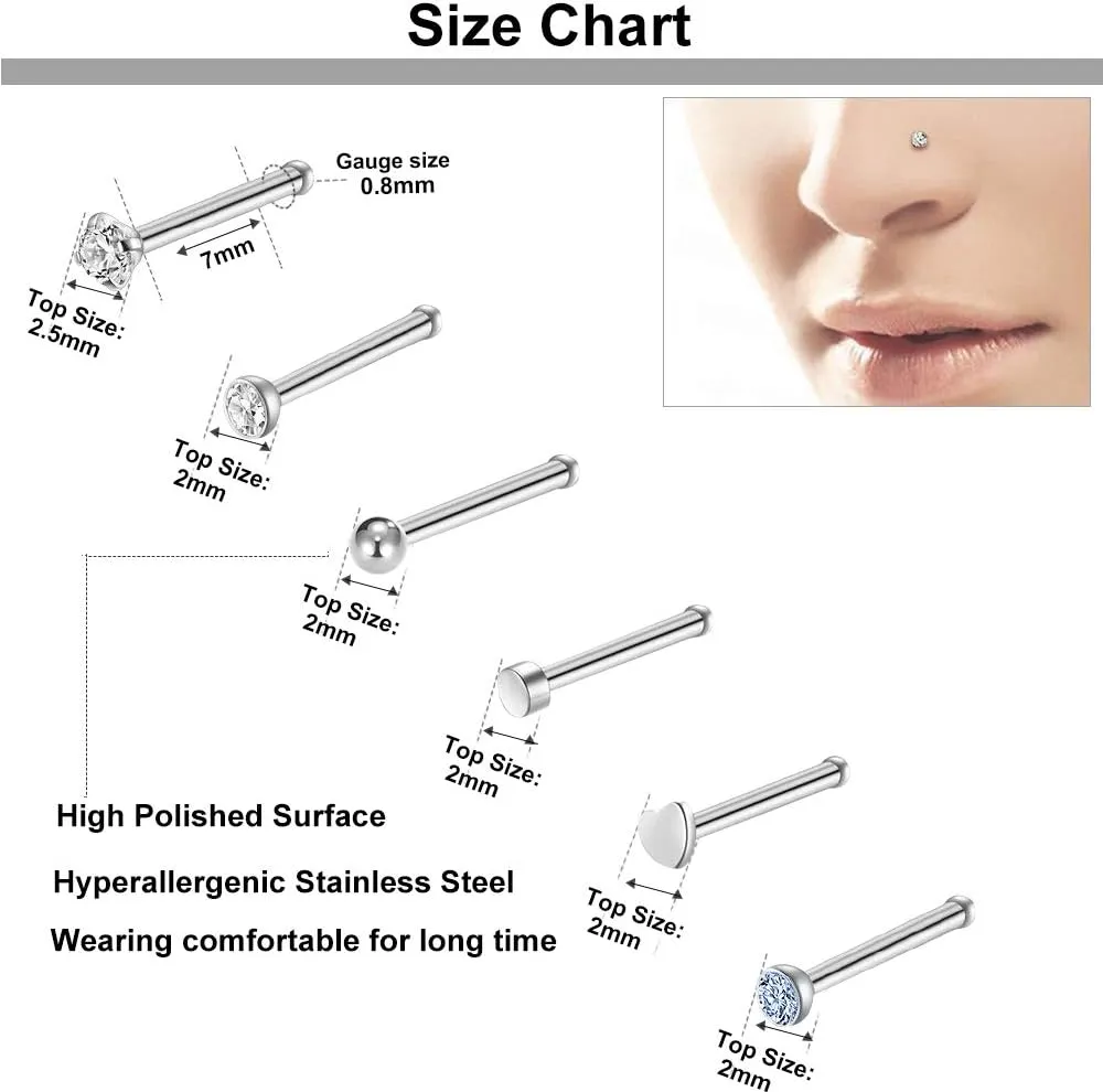 Hicdaw 60 Pcs Nose Rings for Women Nose Rings Hoops 20G Nose Piercings Jewelry for Women Men Screw Hypoallergenic Surgical Steel Nose Ring Studs