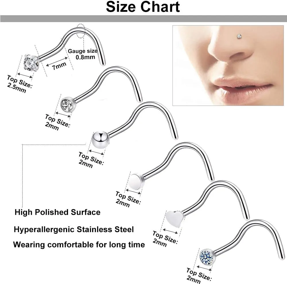 Hicdaw 60 Pcs Nose Rings for Women Nose Rings Hoops 20G Nose Piercings Jewelry for Women Men Screw Hypoallergenic Surgical Steel Nose Ring Studs