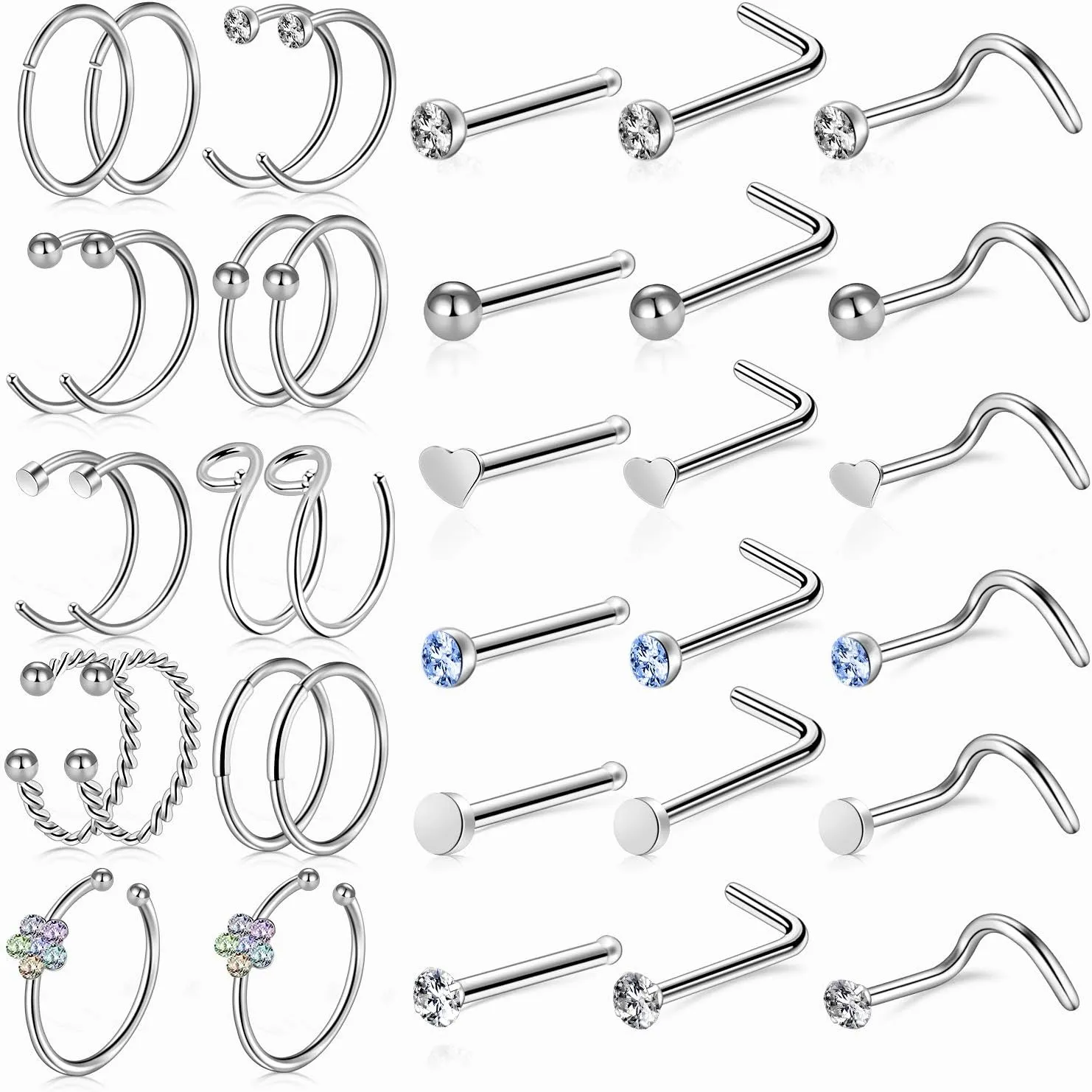 Hicdaw 60 Pcs Nose Rings for Women Nose Rings Hoops 20G Nose Piercings Jewelry for Women Men Screw Hypoallergenic Surgical Steel Nose Ring Studs