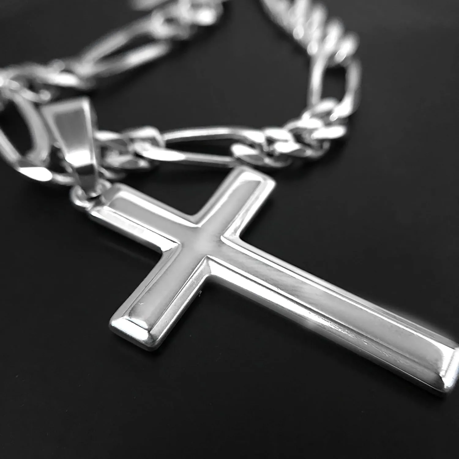 High Polished Solid Sterling Silver Cross Necklace with Figaro Chain For Men
