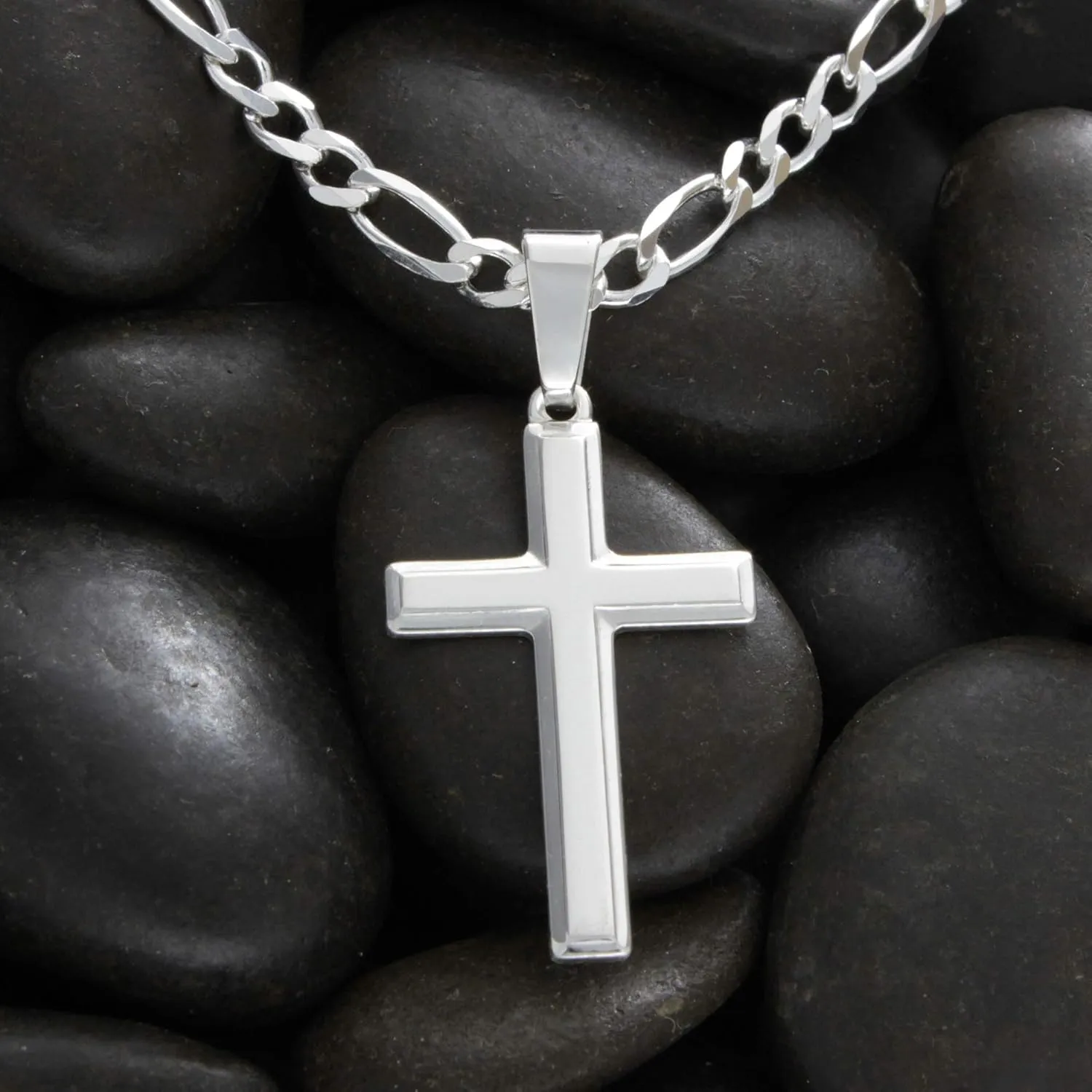 High Polished Solid Sterling Silver Cross Necklace with Figaro Chain For Men