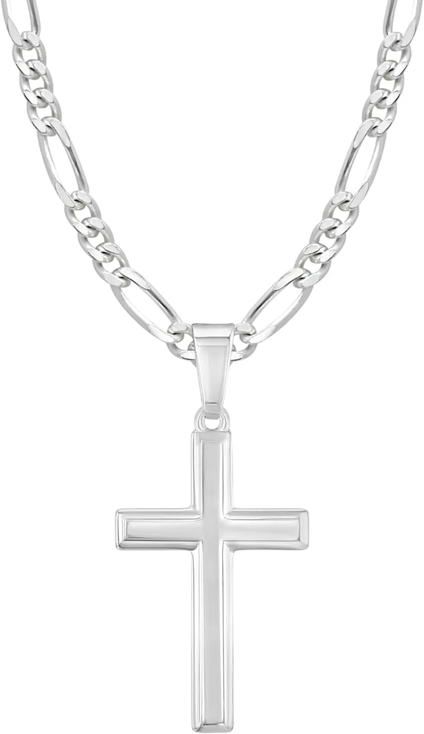 High Polished Solid Sterling Silver Cross Necklace with Figaro Chain For Men