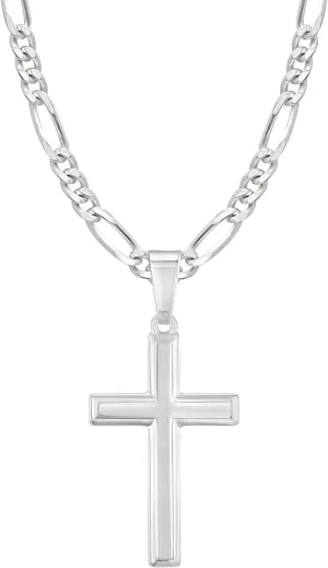 High Polished Solid Sterling Silver Cross Necklace with Figaro Chain For Men