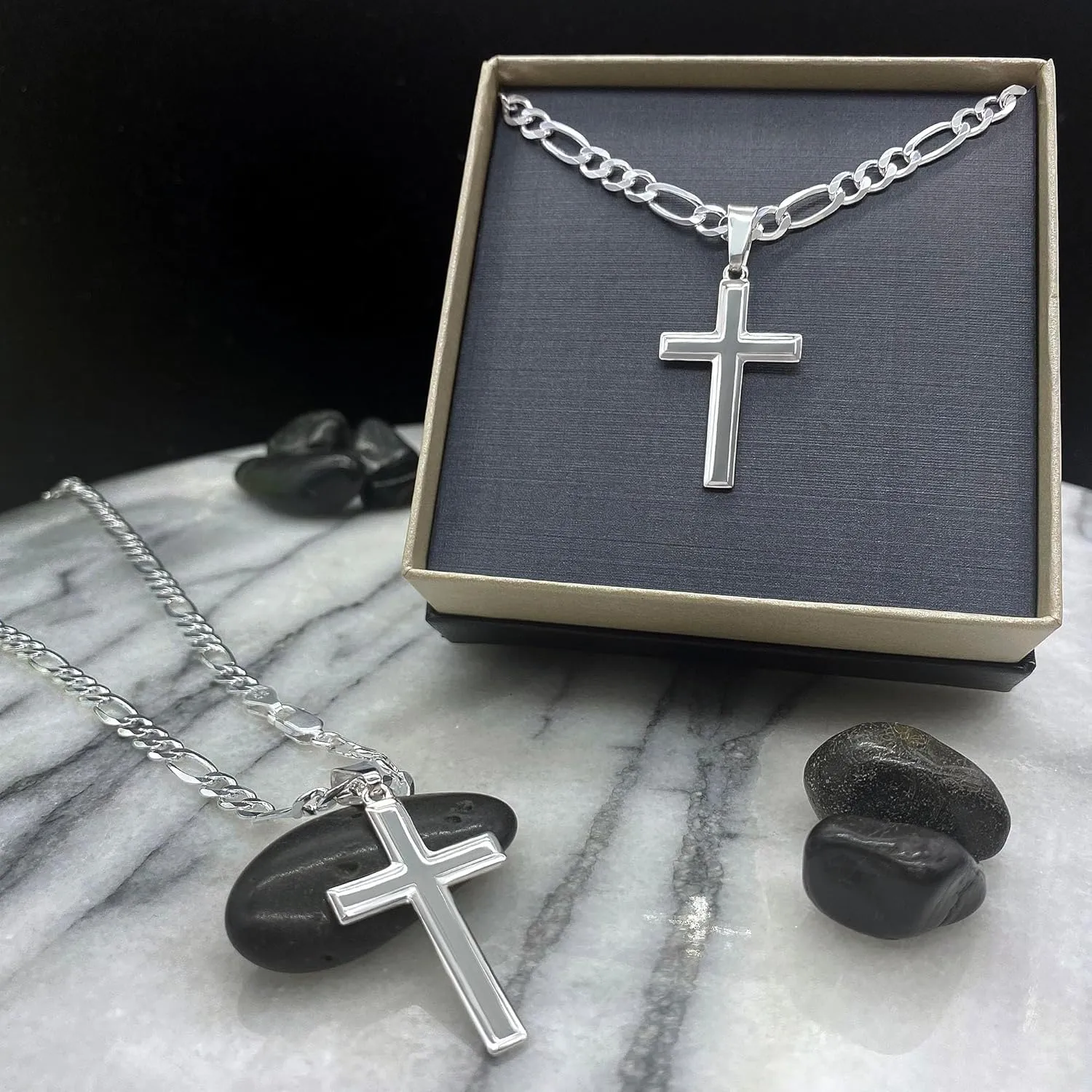 High Polished Solid Sterling Silver Cross Necklace with Figaro Chain For Men