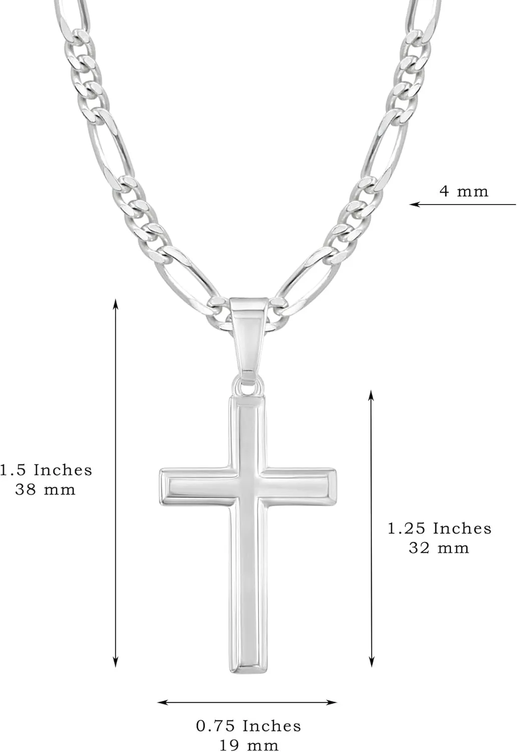 High Polished Solid Sterling Silver Cross Necklace with Figaro Chain For Men