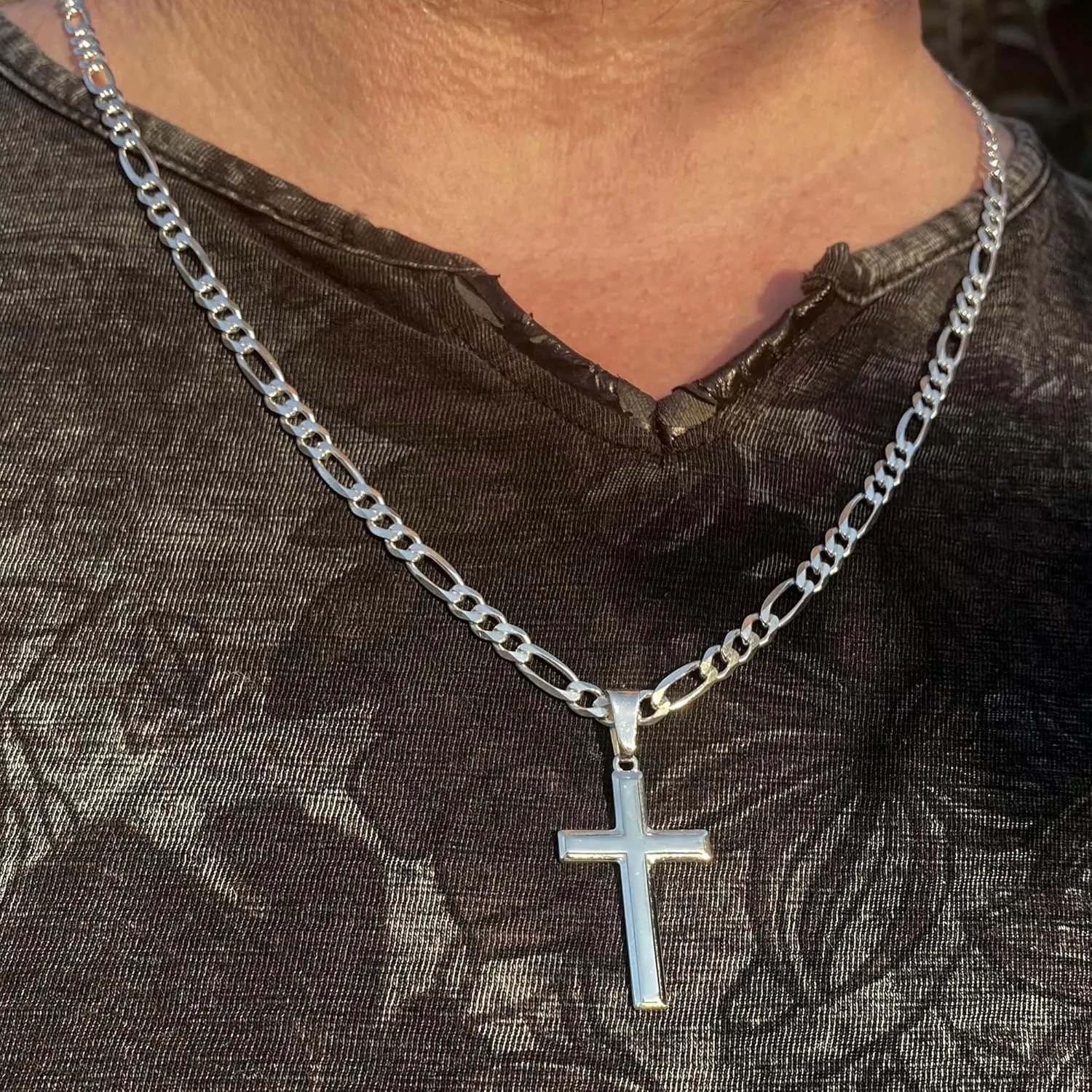 High Polished Solid Sterling Silver Cross Necklace with Figaro Chain For Men