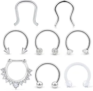 Hoeudjo Septum Clicker Rings 16G Surgical Steel Nose Hoop Rings Retainer Body Piercing Jewelry with Clear CZ Women Men U & D Shaped Daith Helix Tragus Lip Cartilage Earrings 8 Pieces