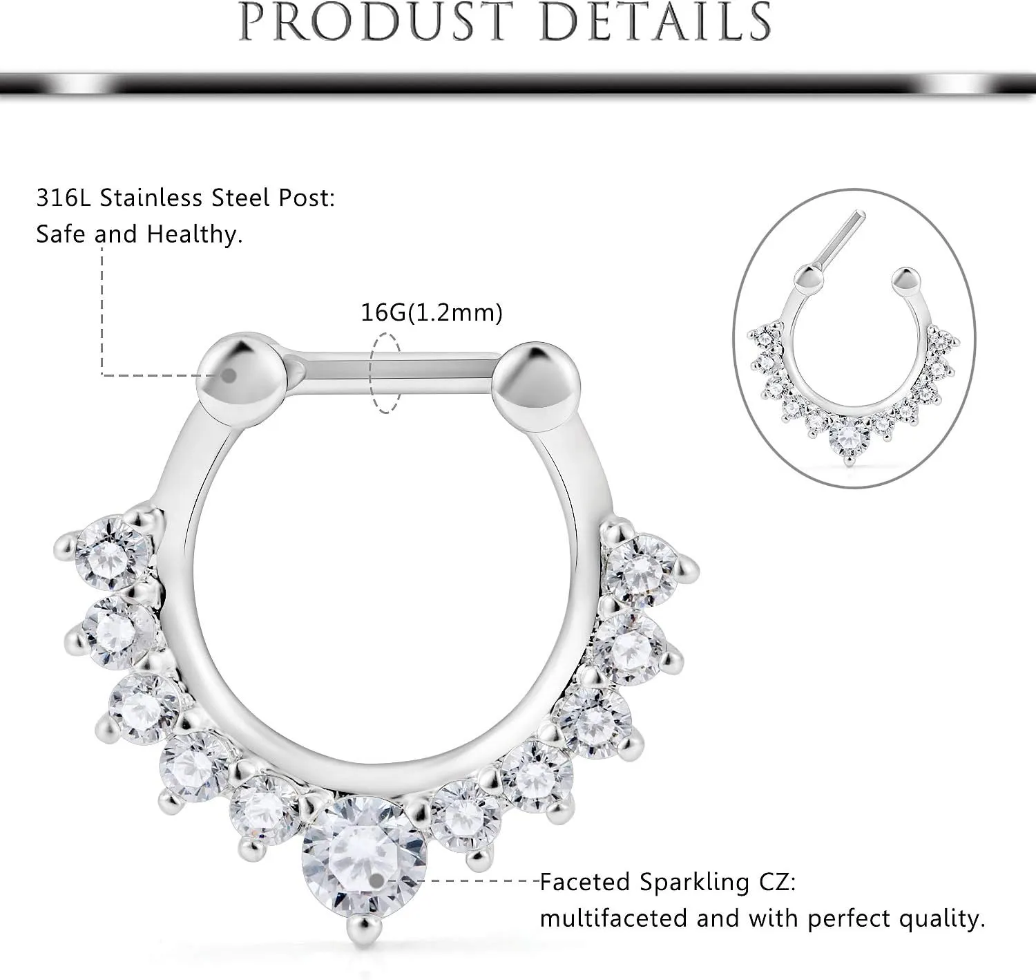 Hoeudjo Septum Clicker Rings 16G Surgical Steel Nose Hoop Rings Retainer Body Piercing Jewelry with Clear CZ Women Men U & D Shaped Daith Helix Tragus Lip Cartilage Earrings 8 Pieces