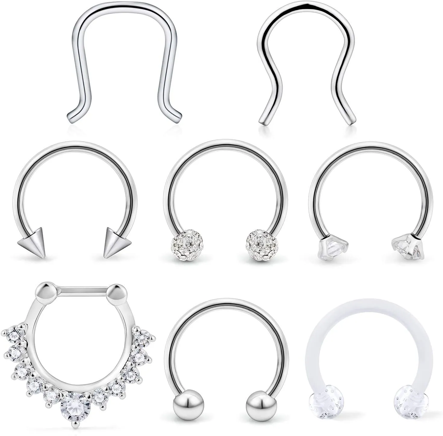 Hoeudjo Septum Clicker Rings 16G Surgical Steel Nose Hoop Rings Retainer Body Piercing Jewelry with Clear CZ Women Men U & D Shaped Daith Helix Tragus Lip Cartilage Earrings 8 Pieces